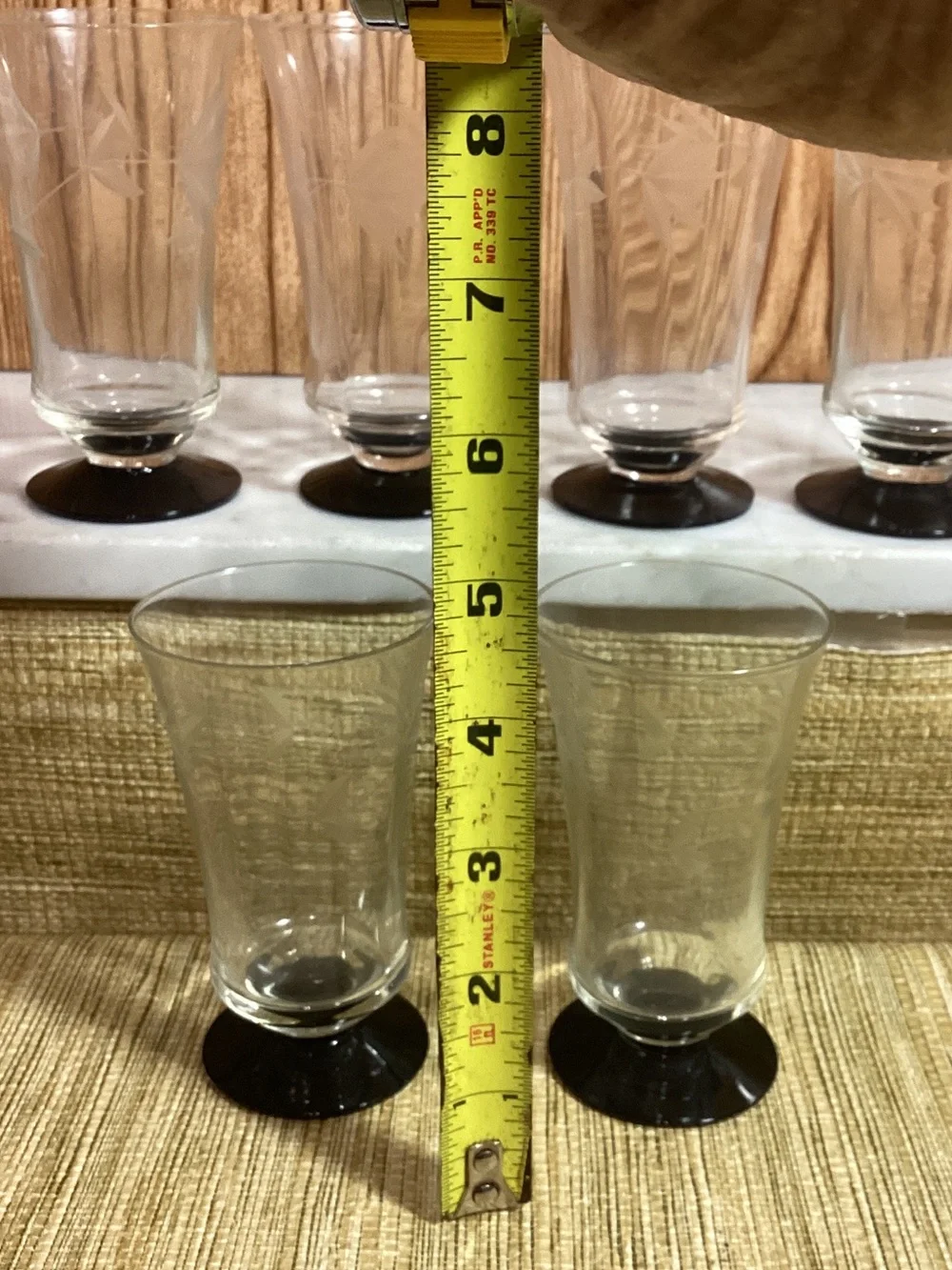 Vintage Etched Clear Glass Footed Cordial Glasses with Black Bases 6 holds 4 oz